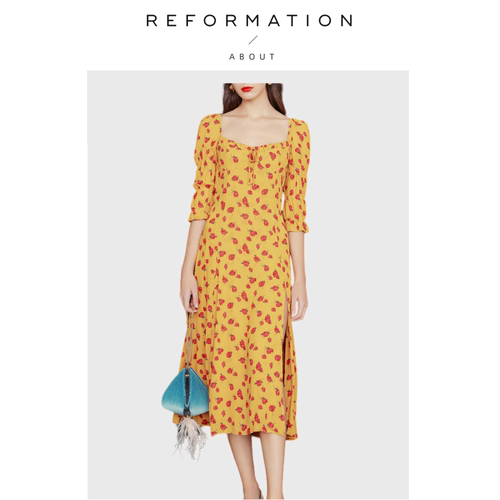 【现货】About Reformation法式复古方领泡泡袖黄色碎花连衣裙女