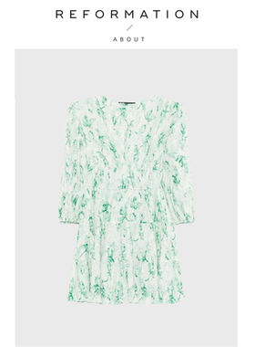 【现货】About Reformation风琴褶的美~绿色短裙V领松弛感连衣裙