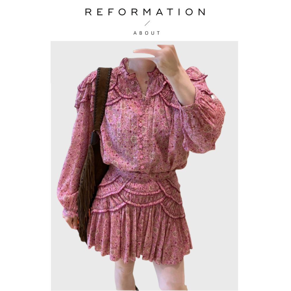 【现货】About Reformation粉色碎花褶皱花边衬衫高腰半身裙套装