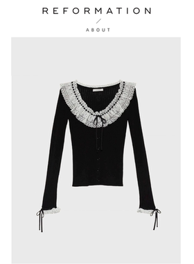 【现货】About Reformation花边领上衣甜美黑色大圆领修身针织衫