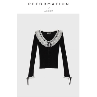 Reformation花边领上衣甜美黑色大圆领修身 About 针织衫 现货