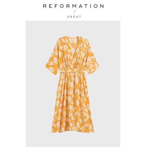 【现货】About Reformation春日花意~黄色花卉收腰连衣裙短衬衫