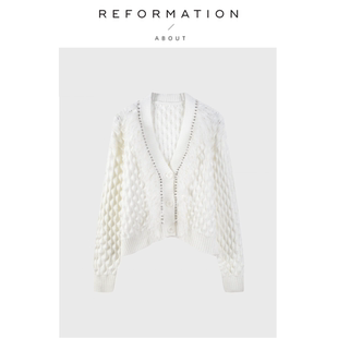 【现货】About Reformation感慵懒V领镂空纯色森系显瘦针织衫女装