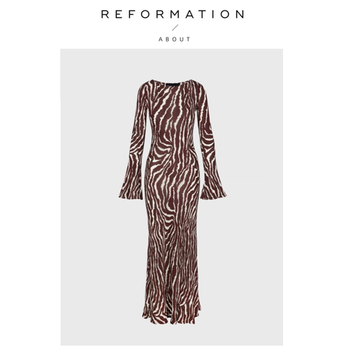 【现货】About Reformation法式斑马动物纹真丝长袖连衣裙度假风