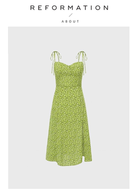 【现货】About Reformation连衣裙法式绿色碎花露背复古吊带女