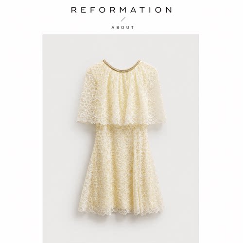 【现货】About Reformation夏法式甜美温柔风钉珠斗篷蕾丝连衣裙