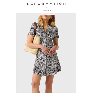 【现货】About Reformation连衣裙碎花收腰v领复古开衫纽扣短袖女