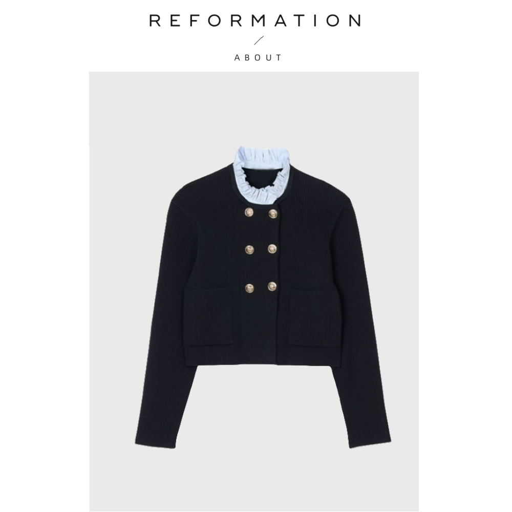 【现货】About Reformation乔欣同款法式蓝色花边领针织开衫外套