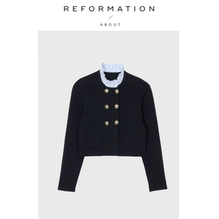 现货 蓝色花边领针织开衫 About 法式 外套 Reformation乔欣同款