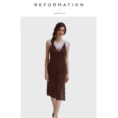 【现货】About Reformation真丝波点V领无袖蕾丝花边法式连衣裙女
