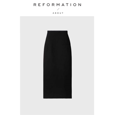 【现货】About Reformation高腰羊毛中长半身裙黑色包裙修身半裙