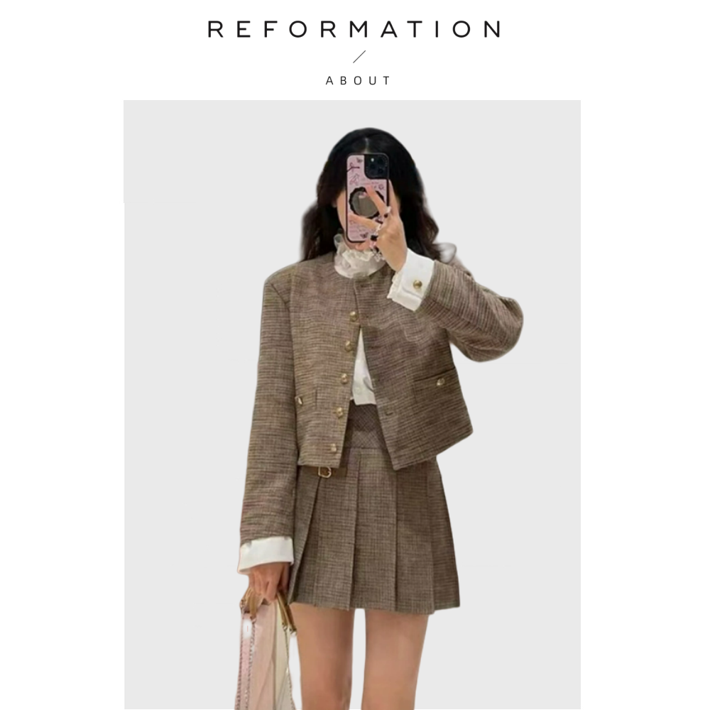 【现货】About Reformation时髦千鸟格套装棕色系西装外套半裙