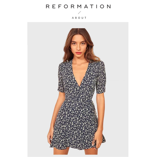 【现货】About Reformation蓝色碎花短款收腰一片式绑带V领连衣裙