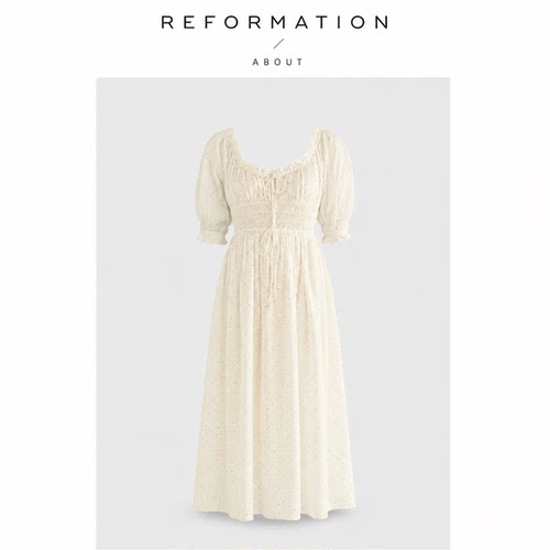 【现货】About Reformation休闲波点高腰长裙法式泡泡袖连衣裙女