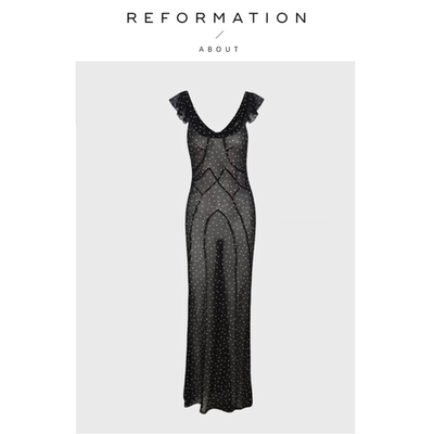【现货】About Reformation圆领真丝低胸连衣裙荷叶边修身收腰女
