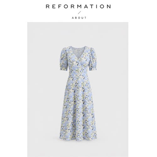 【现货】About Reformation法式印花V领收腰短袖茶歇裙A摆连衣裙