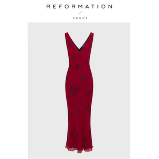 【现货】About Reformation红色V领修身显瘦法式桑蚕丝真丝连衣裙
