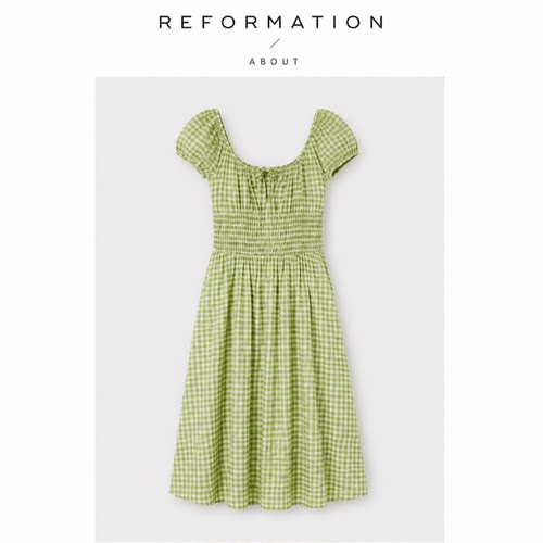 【现货】About Reformation橄榄绿方领度假收腰中长款连衣裙法式