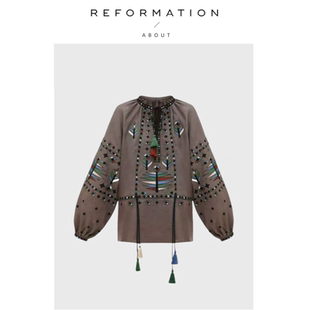 现货 刺绣流苏系带灯笼袖 About 高级 宽松衬衫 Reformation法式