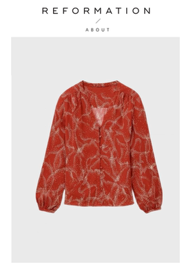 【现货】About Reformation新年系列巴黎红衬衫复古印花飘逸衬衫