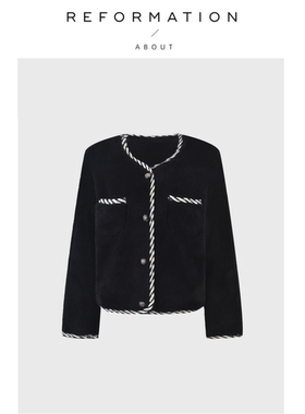 【现货】About Reformation小香羊羔毛皮草外套法式撞色边上衣女