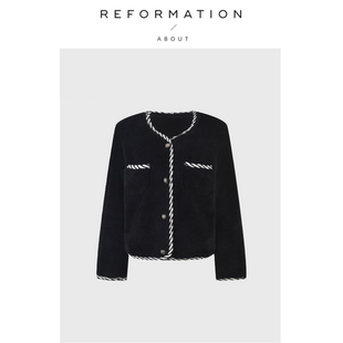 【现货】About Reformation小香羊羔毛皮草外套法式撞色边上衣女