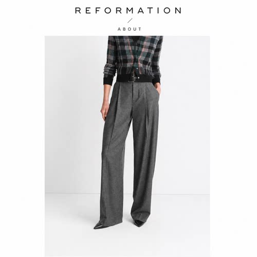 【现货】About Reformation裤子羊毛混纺千鸟格休闲高腰阔腿裤女