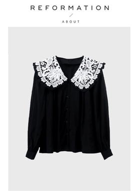 【现货】About Reformation章若楠同款黑色女娃娃领蕾丝拼接上衣