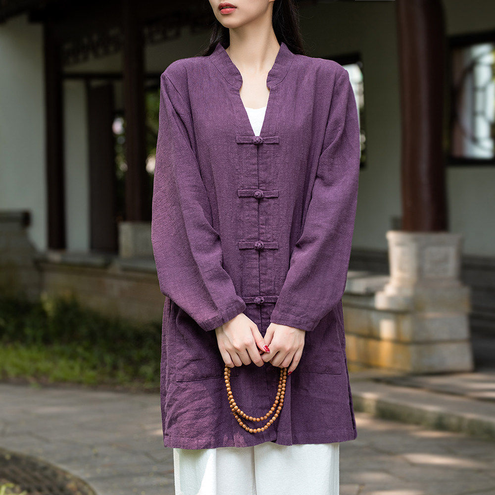 原创中国风高端亚麻居士服女上衣佛系中长款太极服v领禅修服春秋