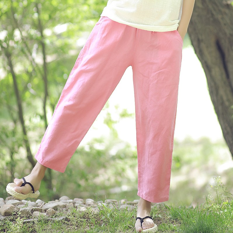 夏季新款苧麻九分松緊腰系帶褲子