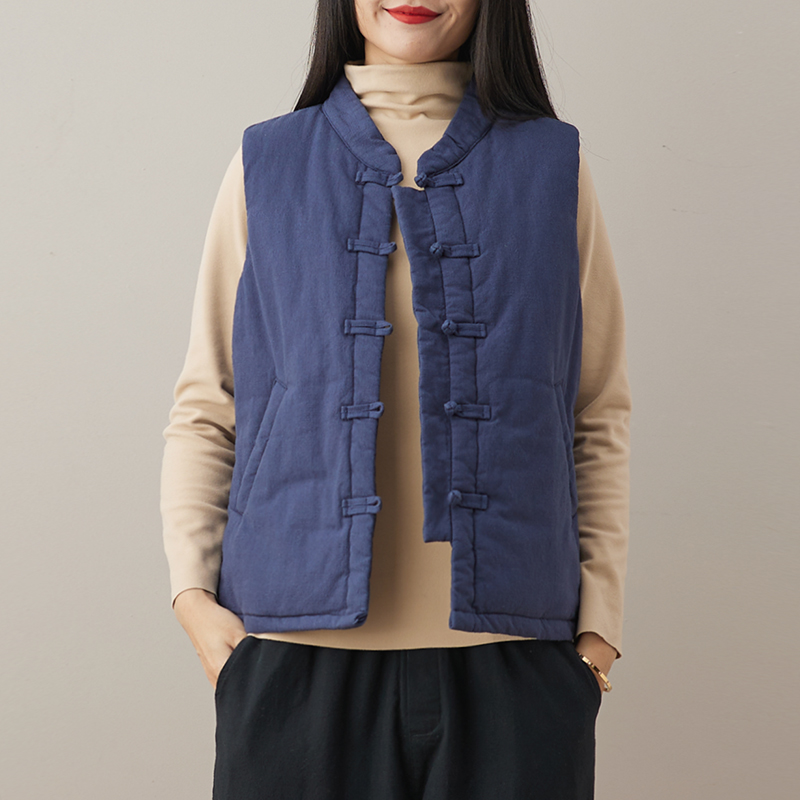 中国风复古盘扣棉麻坎肩加厚棉背心夹棉马甲女春秋外穿中式短马夹