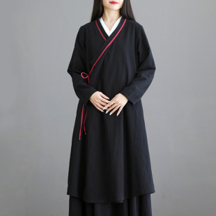 武当道袍太极服道服中国风茶服禅服茶艺师服装 系带汉服女连衣裙春