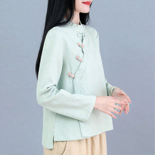 唐装女长袖旗袍上衣改良中式偏襟盘扣中国风民国茶服开衫亚麻国潮