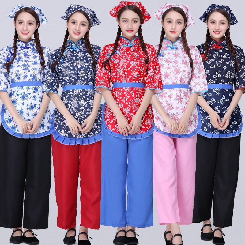 阿庆嫂民国演出服女装民国菜园秧歌服碎花采茶女服村姑服装学生服