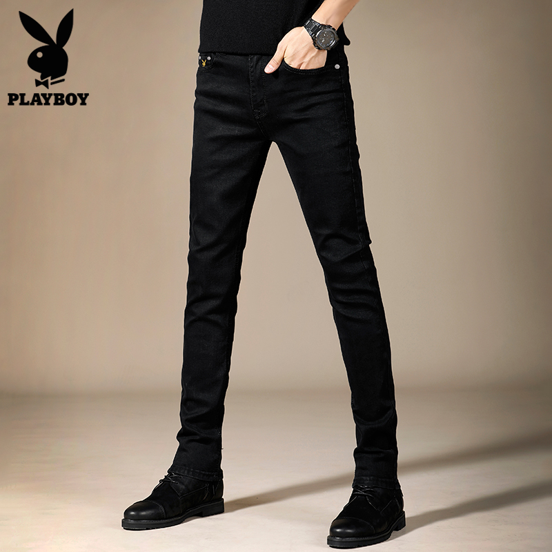 花花公子夏季休闲黑色牛仔裤男士韩版潮流秋季修身小脚长裤子男裤