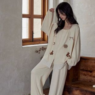 黛梦思带胸垫睡衣春秋女款纯棉长袖家居服秋冬季可外穿高级感套装