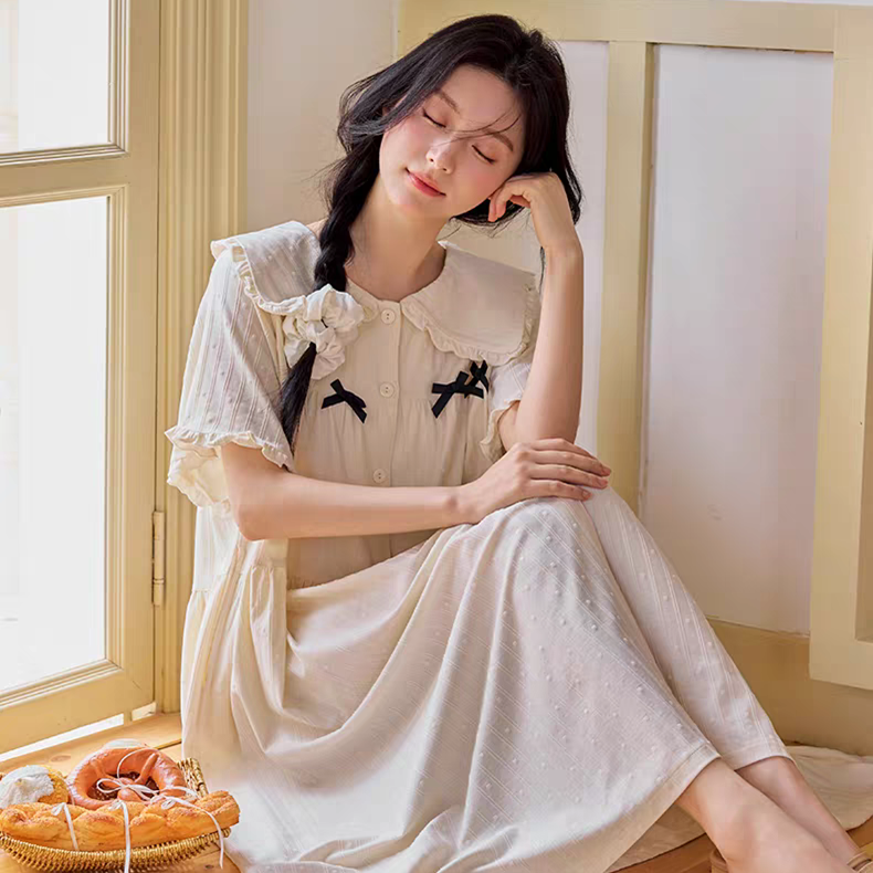 黛梦思甜美睡裙女夏季短袖娃娃领蝴蝶结家居服宽松可外穿长款睡衣