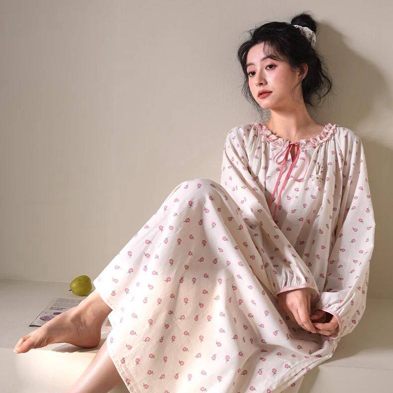黛梦思2025年新款睡裙女春秋季纯棉长袖家居服宽松甜美小碎花睡衣