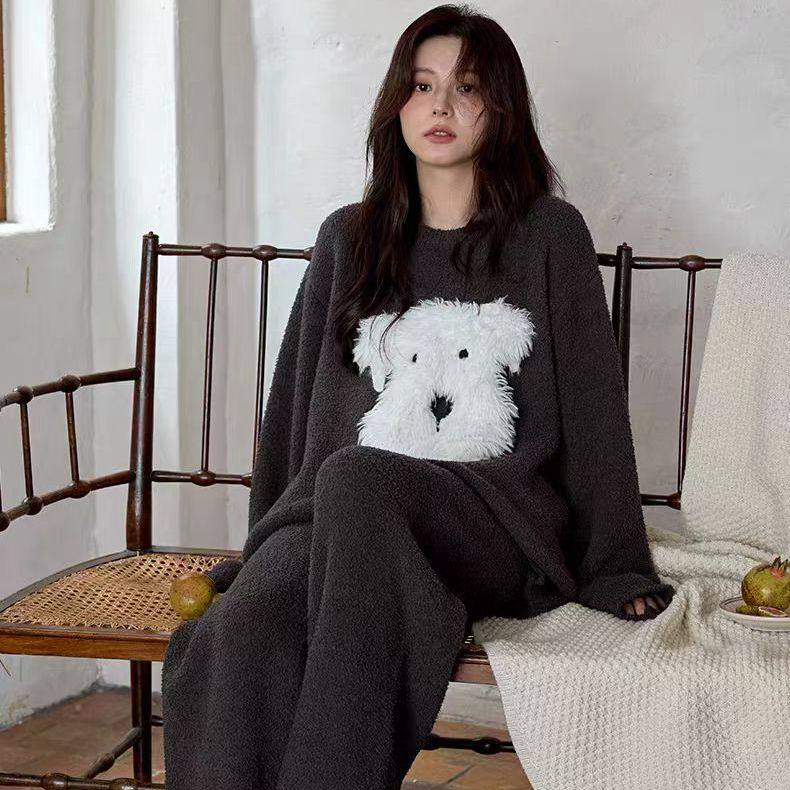 黛梦思半边绒睡衣女冬季加厚保暖珊瑚绒家居服宽松大码套装可外穿