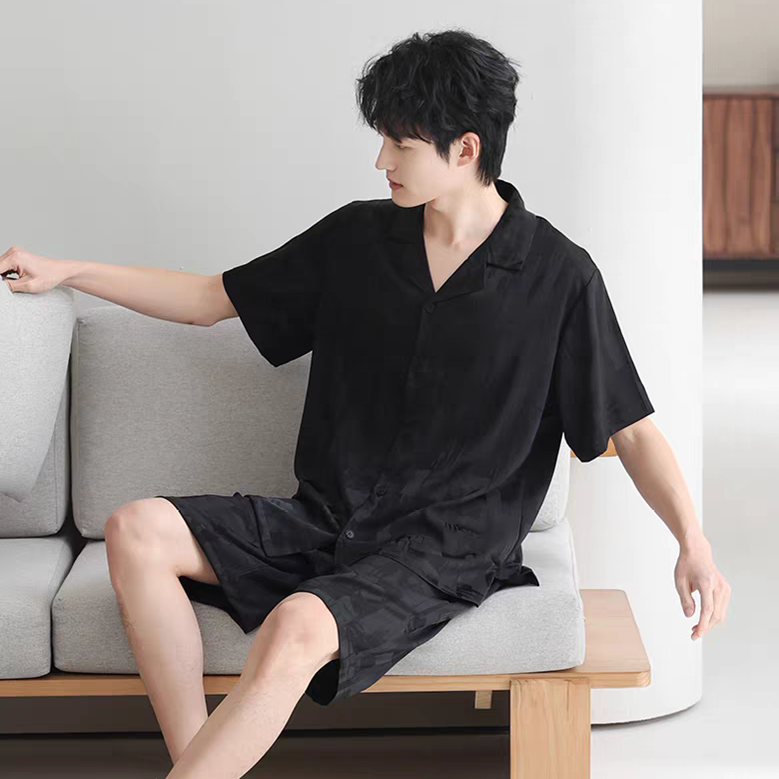 黛梦思冰丝睡衣男夏季薄款丝绸短袖短裤开衫可外穿男士家居服套装