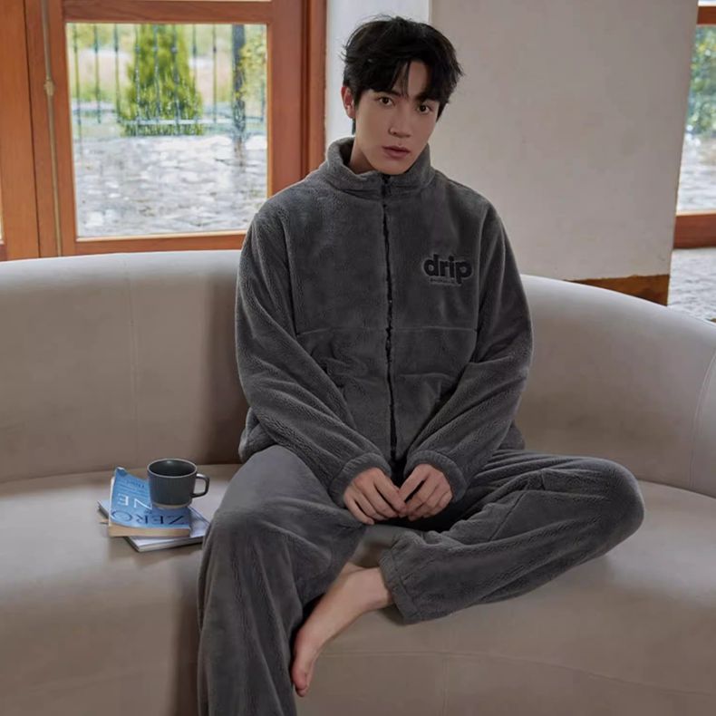 黛梦思男士睡衣秋冬季珊瑚绒加绒加厚长袖套装男冬天可外穿家居服