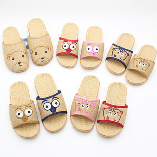 儿童亚麻拖鞋夏季男女童居家地板鞋室内卡通小熊露指拖鞋小孩凉拖
