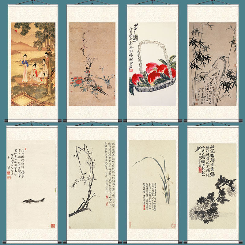 仿古花鸟寿桃梅花兰花国画丝绸酒店装饰字画卷轴礼品送礼古典挂画
