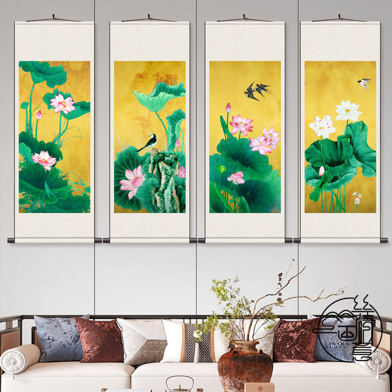 荷花四屏 丝绸画客厅书房酒店挂画名家人物字画满芯装裱装饰画
