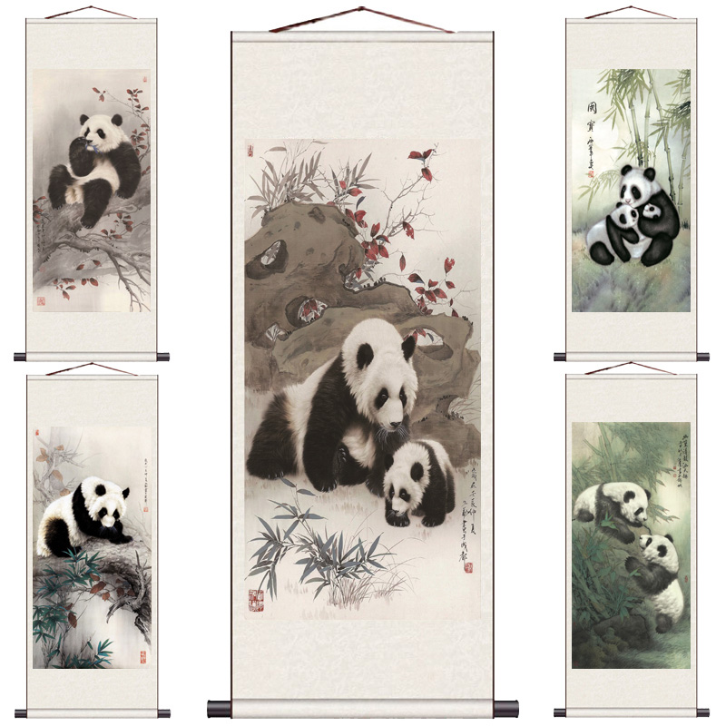 中国风特色国画丝绸画大熊猫卷轴挂画礼品画客厅卧室