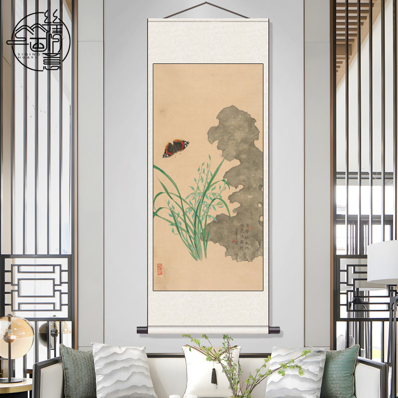陈佩秋水仙蝴蝶花鸟画客厅挂画风水卷轴名家字画卷轴画丝绸礼品画