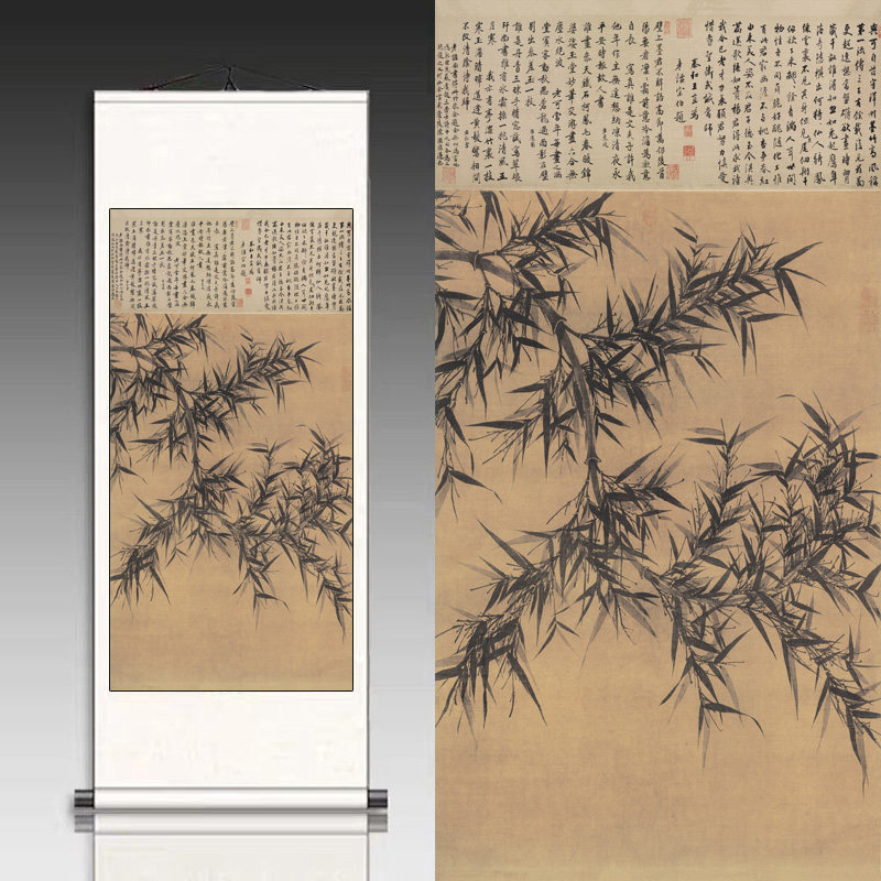 文同墨竹条幅水墨花鸟卷轴画挂画玄关丝绸礼品仿古装饰国画字画