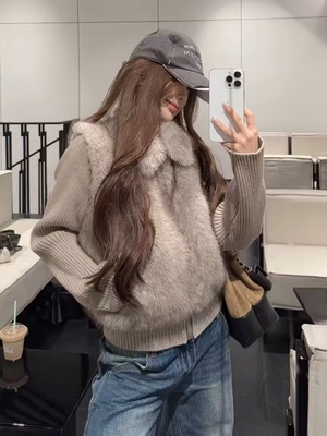 今年超流行环保皮草马甲短款拼接可拆卸针织袖冬季新款毛毛外套女