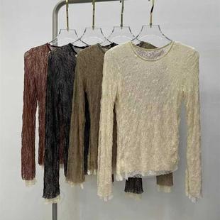 显瘦镂空弹力打底衫 欧货蕾丝衫 拼色微透修身 时尚 上衣 女2025春新款