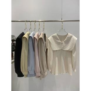 压皱设计中长款 海军领后背抽绳收腰衬衫 时尚 韩版 衬衣 女2025春新款